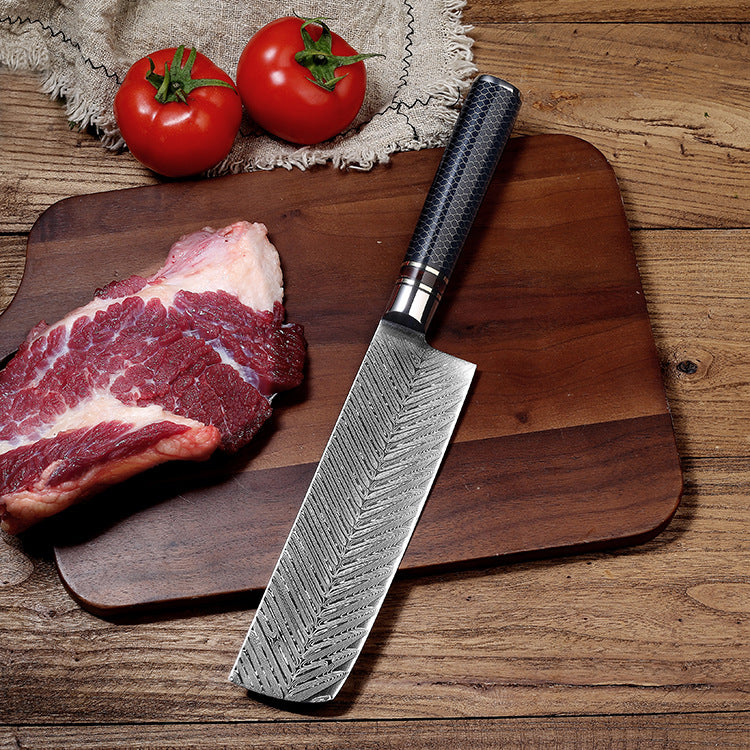 Small kitchen knife with Damascus steel handle