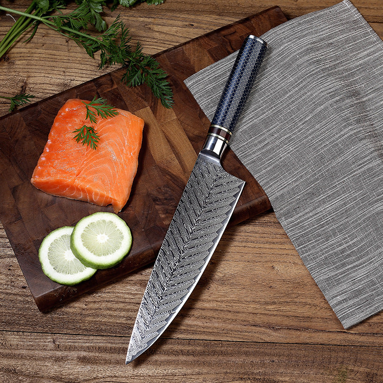 Small kitchen knife with Damascus steel handle