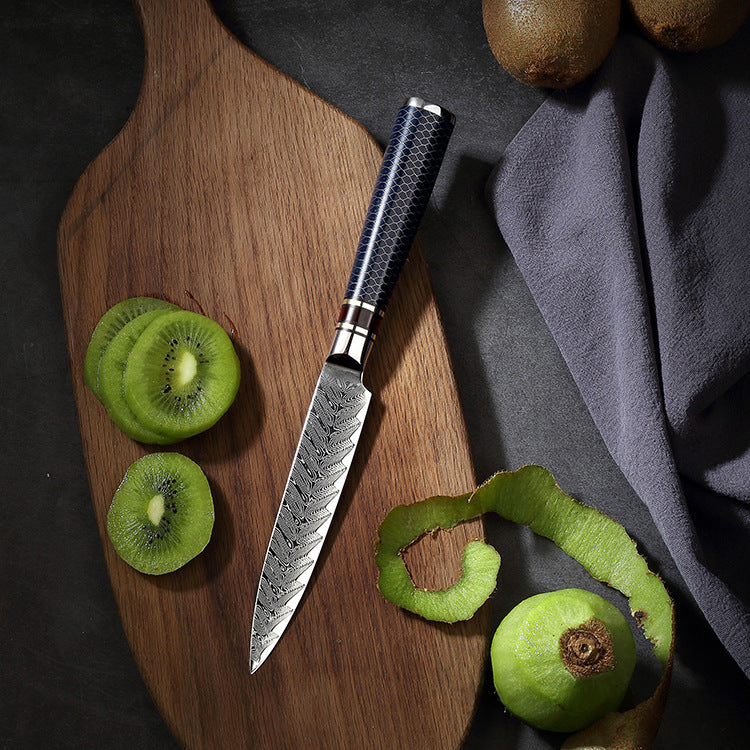 Small kitchen knife with Damascus steel handle